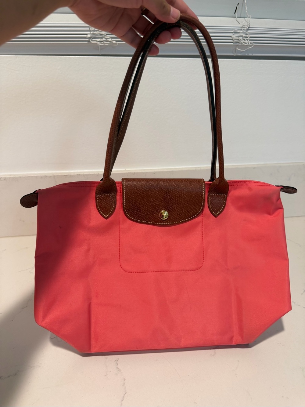 Longchamp Coral Tote with Brown Leather Trim